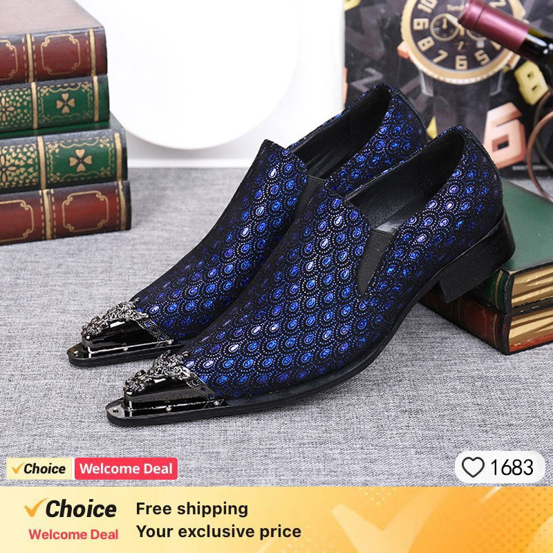 2024 Western Fashion Pointed Metal Toe Dress Shoes Blue Grey Party Wedding Leather Shoes for Men