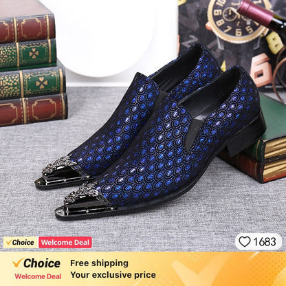 2024 Western Fashion Pointed Metal Toe Dress Shoes Blue Grey Party Wedding Leather Shoes for Men