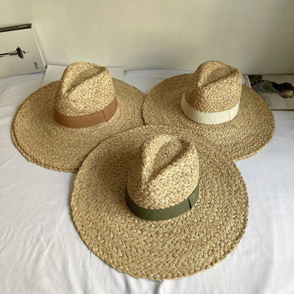 Chapéu de palha Raffite com aba grande para Jazz, chapéu de praia retrô inglês versátil para mulheres com proteção solar, estilo Hepburn, chapéu de senhora francesa