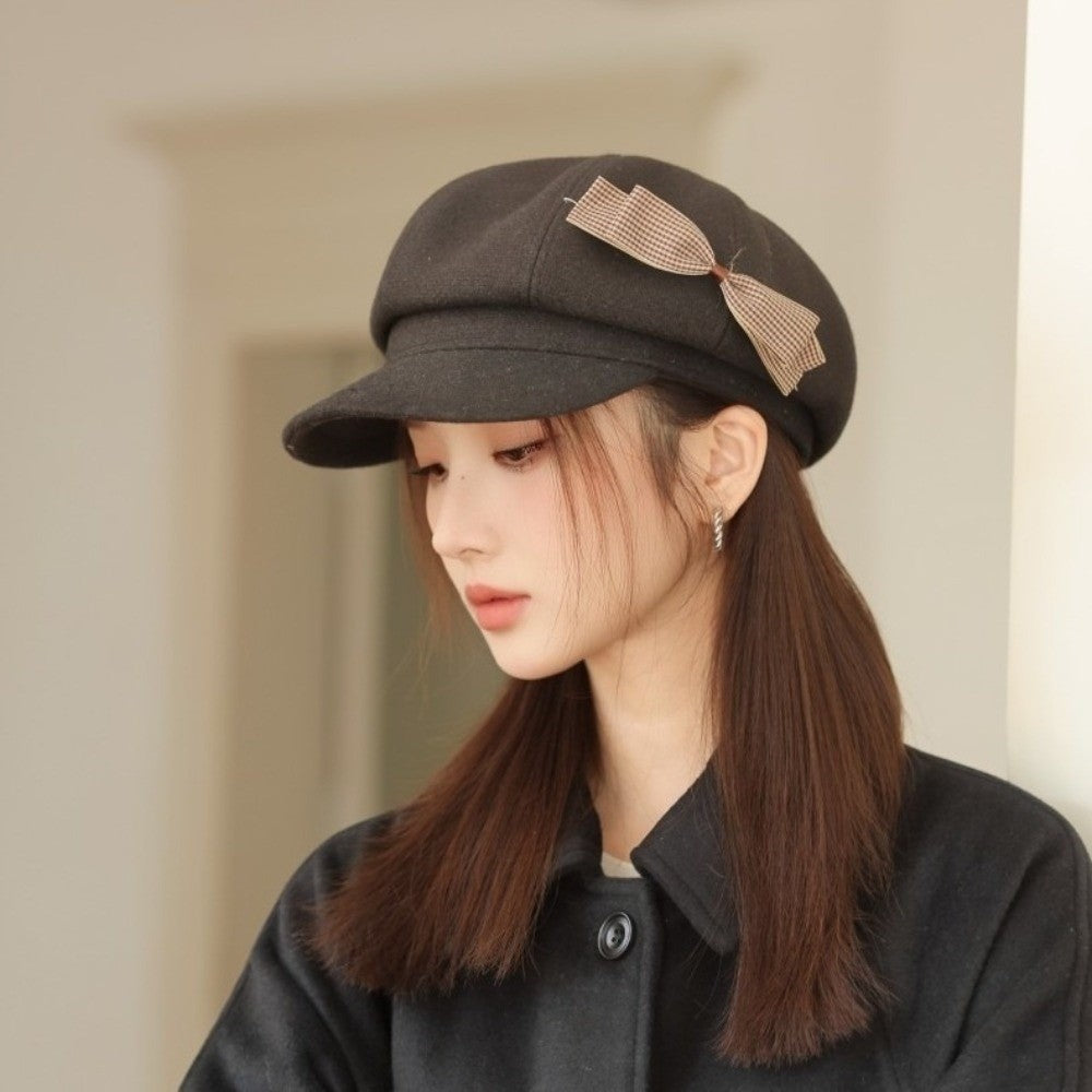 Retro Wool Bow Beret Solid Color Warm Painter Hat Versatile Y2k Newsboy Hat Female