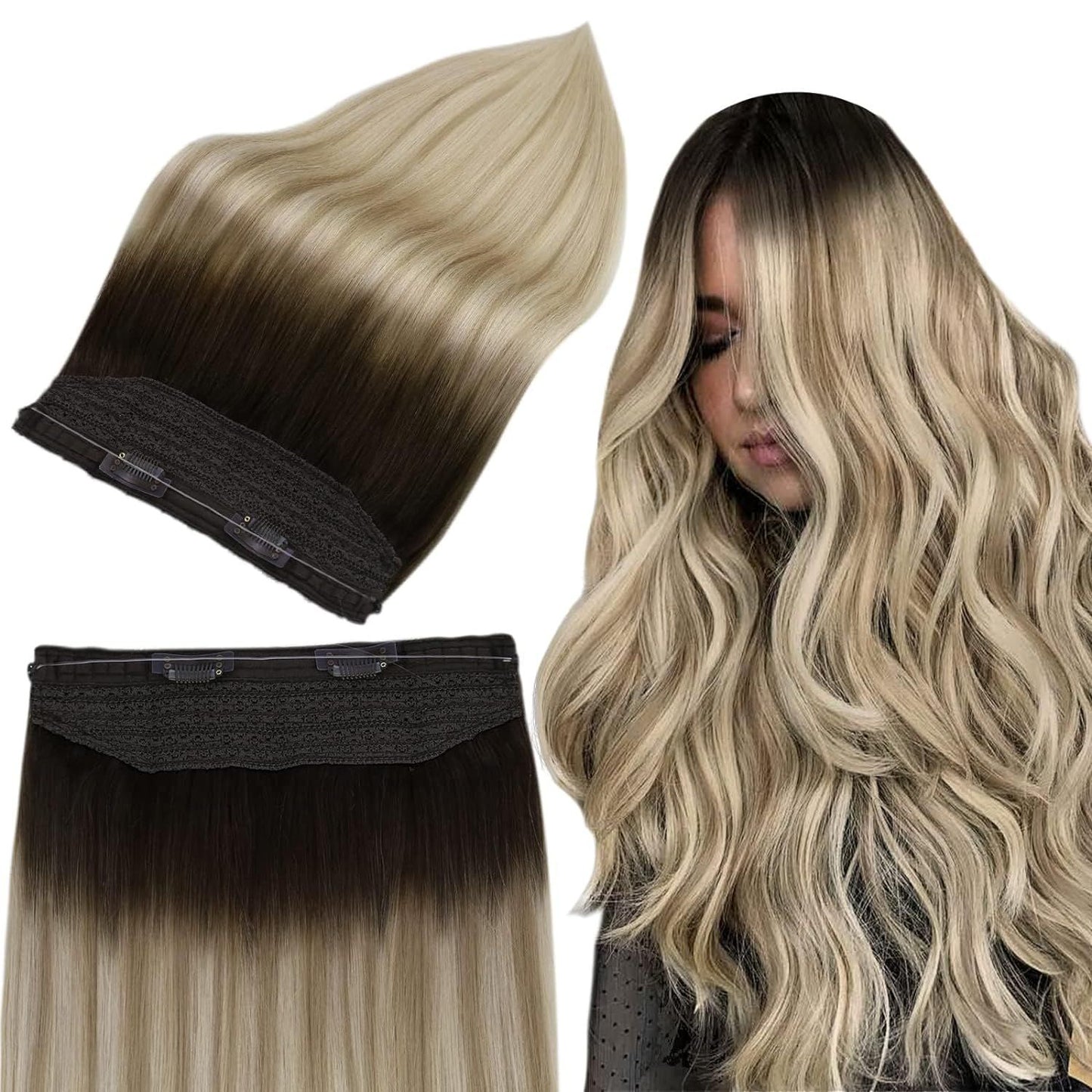 Full Shine Fishing Wire Hair Extensions Cabelo Humano Real Hair Extensions Apliques Para Mulheres Fio Secreto Grosso