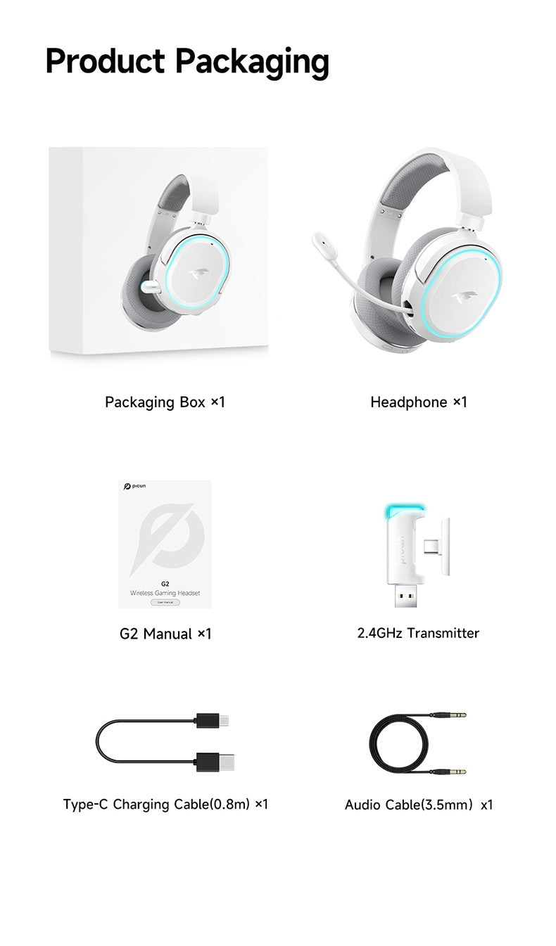 Picun G2 2.4GHz Bluetooth Wireless Gaming Headset For PC PS4 PS5 Phone Switch 5ms Low Latency 7.1 Surround Wired Headset ENC Mic