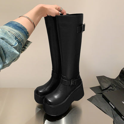 2024 Women's Shoes Basic Women's Boots Classics Knee-High Boots Women Belt Buckle Side Zip Round Toe Wedge Platform Shoes Ladies
