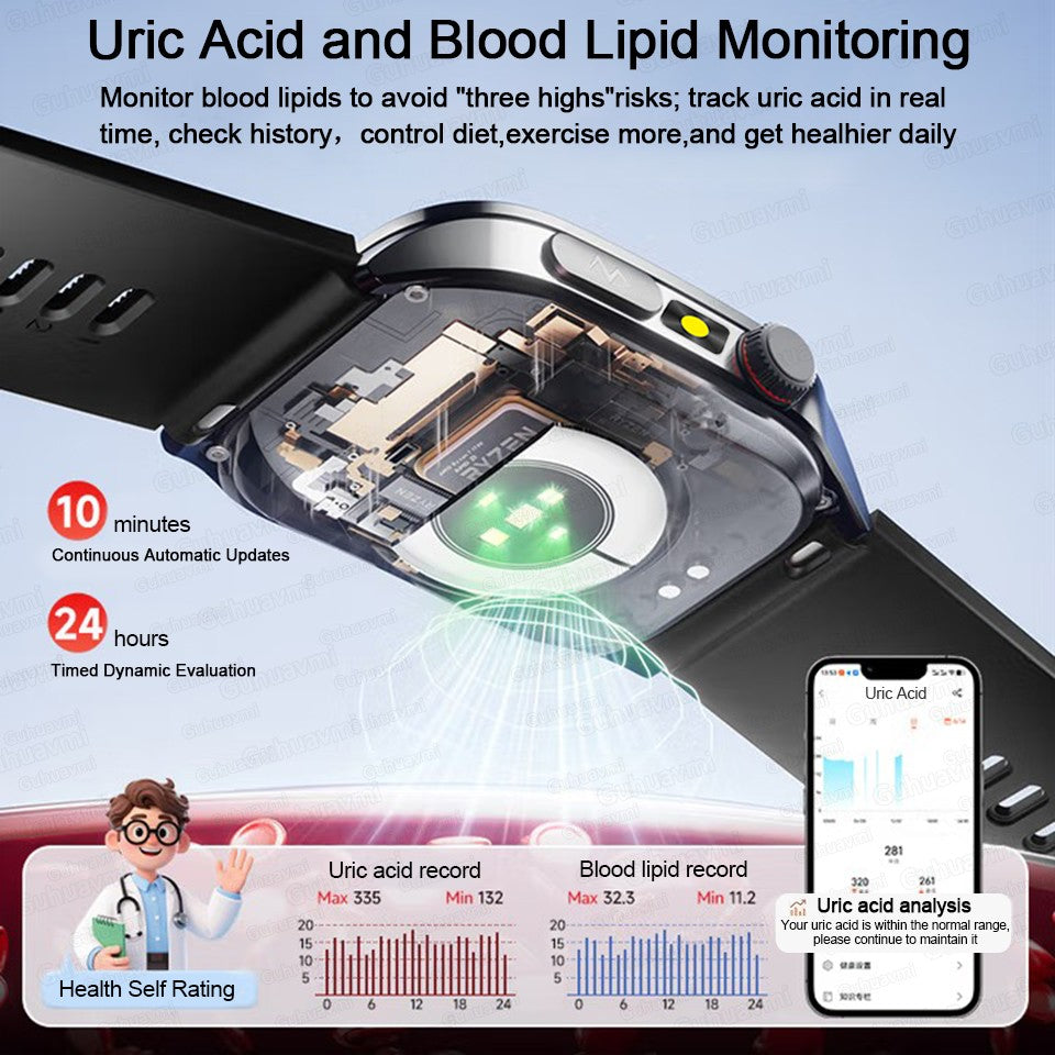 2025Novo 650nm Laser Condicionamento Safira Vidro Smart Watch Homens ECG Frequência Cardíaca Micro Exame Físico Saúde Smartwatch Temperatura