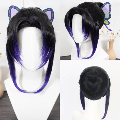 Peruca de Cosplay Kochou Shinobu Kimetsu No Yaiba, peruca preta e roxa sintética resistente ao calor para Halloween, presilha de cabelo de borboleta