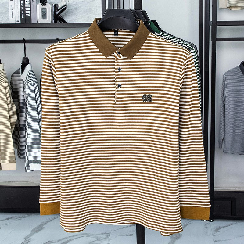 Men's Long Sleeved T-shirt, Youth Lapel T-shirt, Autumn Clothes Striped Polo Shirt Double-sided German Velvet 2025 New Trend Top