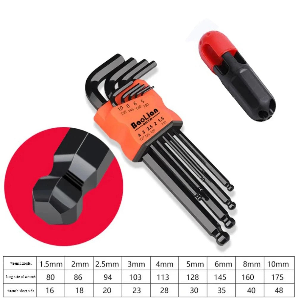 Jogo de Chaves Allen de 9 Peças, Chave Quadrada, Chave Torx, Chave Hexagonal Interna Longa com Ponta Esférica e Cabo T de 1,5 - 10 mm
