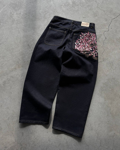 Calça Jeans Y2k Retrô Masculina Casual Larga Reta Wide Leg de Alta Qualidade Streetwear Hiphop com Bordado de Flor de Cerejeira na Bainha