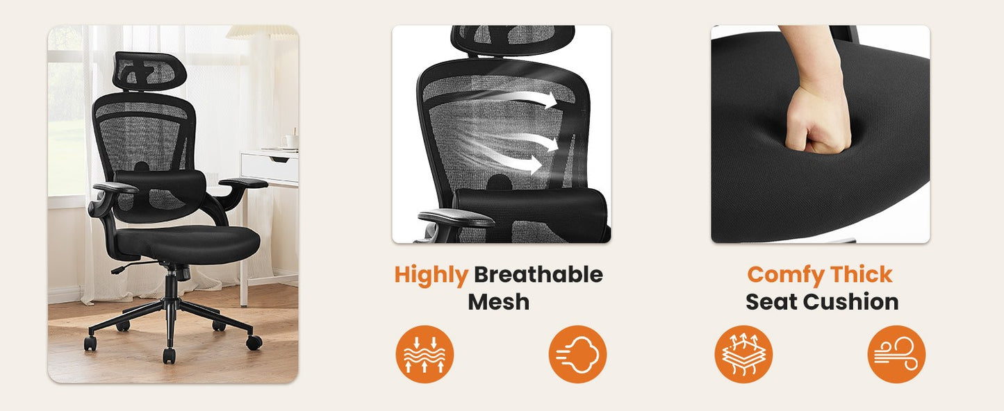 Cadeira de Escritório Ergonômica JHK com Apoio Lombar Ajustável em Mesh, Inclinação de 120°, Encosto Alto Confortável e Braços Macios Retráteis