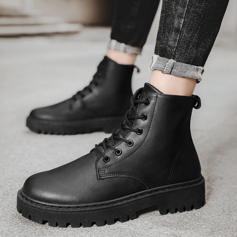 Men Black Leather Boots New British Style High Top Fashion Work Boots Outdoor Street Fashion Chelsea Men Shoes Comfortable Short