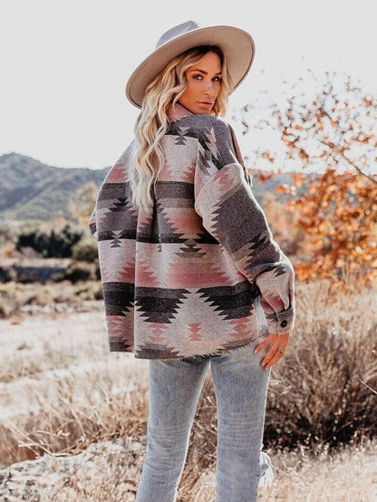 Vintage Jacket Women Splicing Loose Jacket Denim Print Aztec Retro Ethnic Style Long Sleeved Shirt Streetwear Female Goth Coat