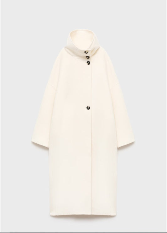 Elegant Stand Collar Long Coat Women Retro Chic Loose Single Breasted White Tweed Coats Lady 2025 Winter Casual Street Overcoats