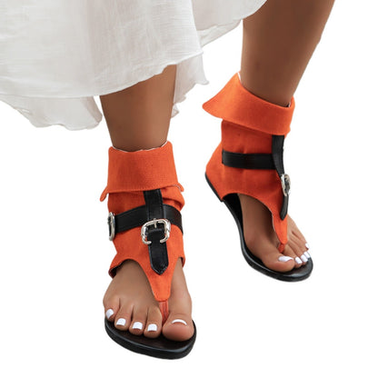 New  Summer Clip Toe Roman Sandals Denim Belt Buckle Large Size High Top Herringbone Flat Boots Women Dressy Casual Sandals