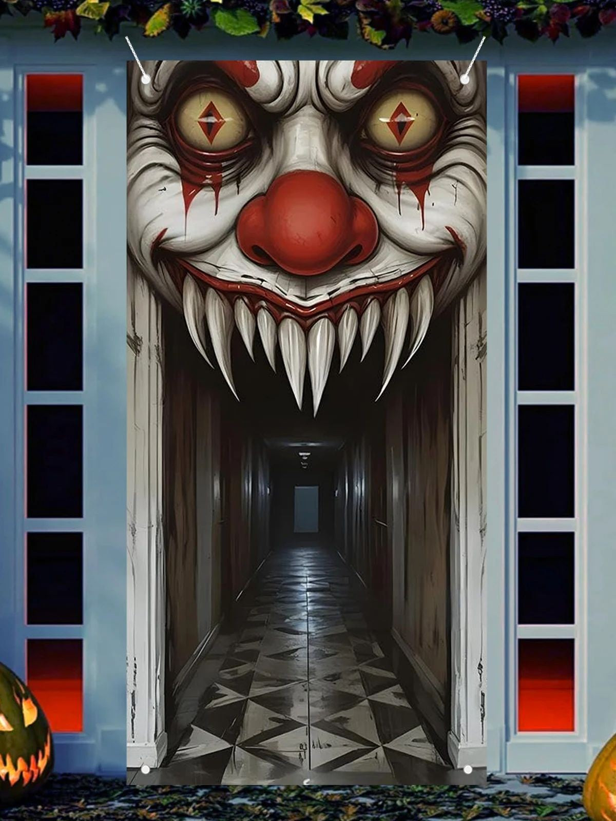 Halloween Decorations Door Cover,Spooky Witch and Zombie Theme Wall Decor,Indoor Outdoor Haunted House Themed Decoration 2D Scen
