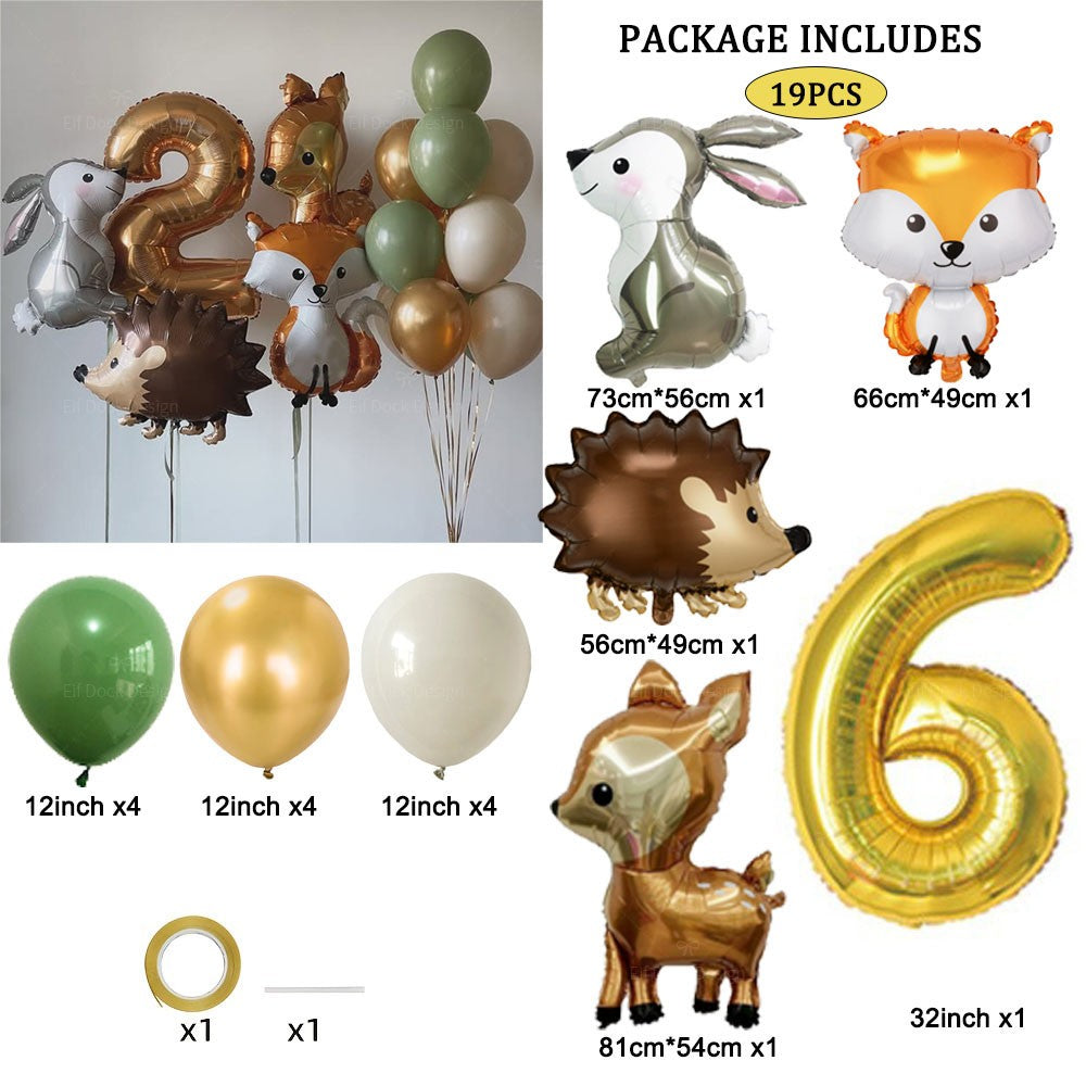 19pcs Hedgehog Deer Fox Rabbit Balloon Set Gold Number Balloon Woodland Animal Happy Birthday Party Decorations