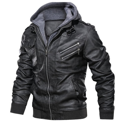 Men's Autumn Winter Casual PU Leather Hooded Zipper Warm Jackets Male Motorcycle Jacket Military Windbreaker Outdoor Coats