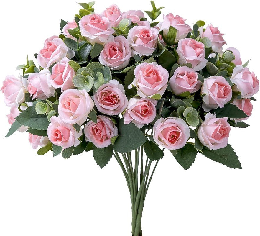 10 Heads pink Artificial Silk Rose Flowers Fake White Eucalyptus  Peony Flower Bouquet, for Home Wedding Party Garden Decoration