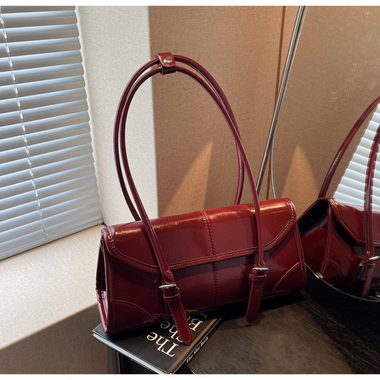High End Burgundy Oil Wax Leather Underarm Bag Elegant Women's Magnetic Buckle Shoulder Bag Commuter Versatile Ladies Tote Bags