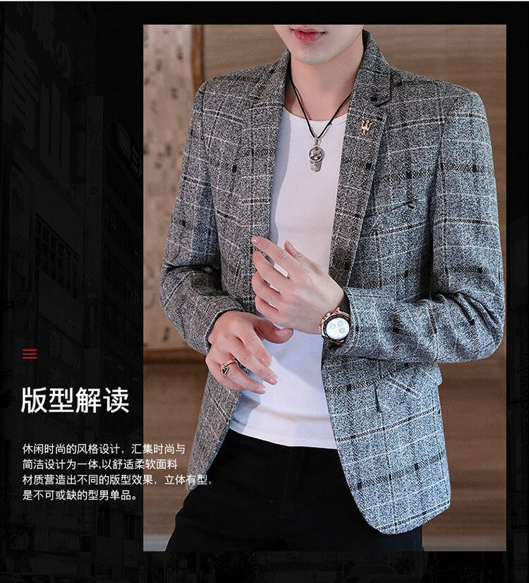 Men's casual plaid suit jacket, fashionable and versatile slim-fitting top, stylish plaid suit