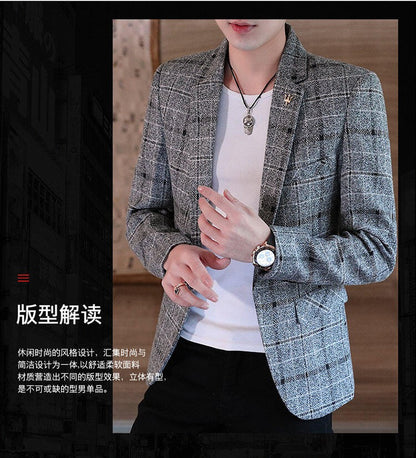 Men's casual plaid suit jacket, fashionable and versatile slim-fitting top, stylish plaid suit