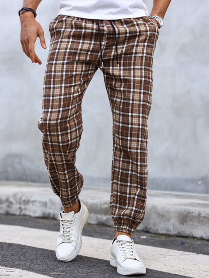 Calças Masculinas Xadrez com Punho Calças de Pijama Confortáveis para Estilo Relaxado