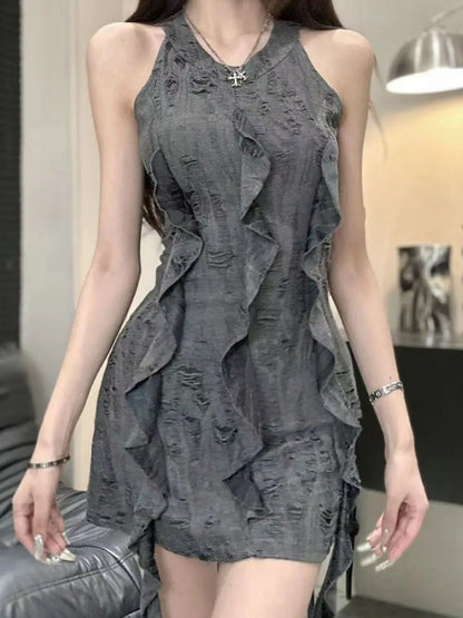 Ruffle Collar Halter Bodycon Dress Women Vintage Inspired Innocent Seduction Aesthetic Summer Body Hugging Pencil Skirt Modern C