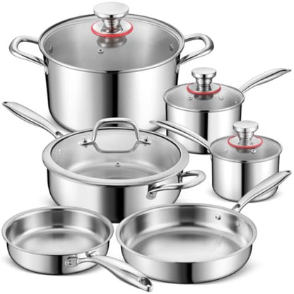 Conjunto de Panelas e Frigideiras de Aço Inoxidável 3 Camadas 10 Peças, Conjunto de Utensílios de Cozinha em Aço Inoxidável para Indução, Conjunto de Cozinha Não Tóxico