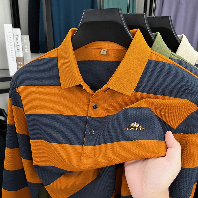 Unique stripe color blocked long sleeve polo shirt men high-end trend brand letters embossed spring autumn new comfort T-shirt