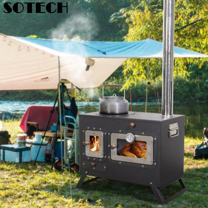 Fogão Multifuncional a Lenha para Acampamento Queimador Externo Portátil com Forno Barraca Fogão Caminhada Piquenique Churrasco Assar Aquecimento Pizza