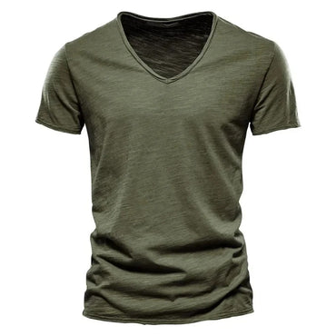 2024 hot summer men's new solid color V-neck pure cotton short sleeved T-shirt hot selling men's T-shirt top