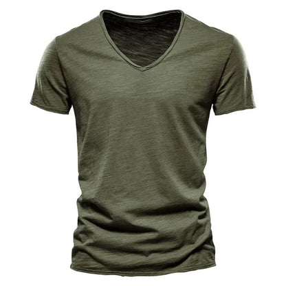 2024 hot summer men's new solid color V-neck pure cotton short sleeved T-shirt hot selling men's T-shirt top