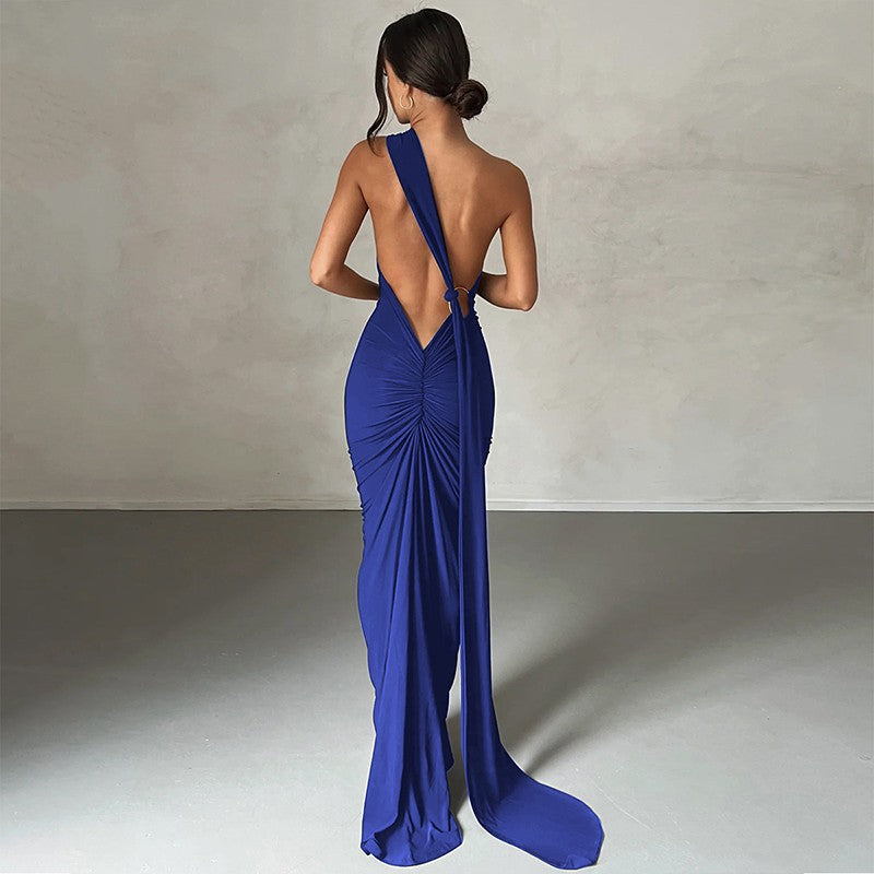 Hugcitar One Shoulder Backless Adjustable Scarf Loop Ruched Sexy Maxi Dress Wome