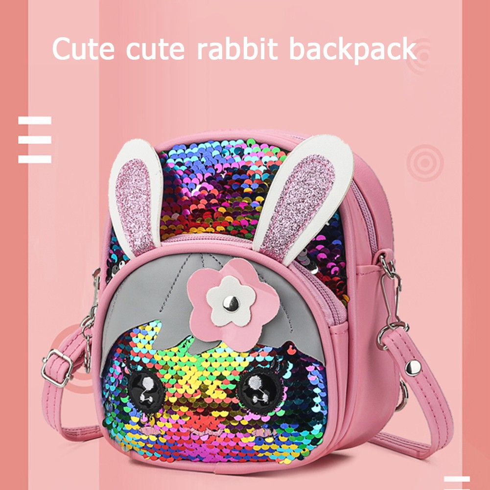 Mochila de Lantejoulas de Coelho para Meninas, Crianças, Pré-escola, Ensino Fundamental, Bolsas Infantis com Orelhas de Coelho, Material Escolar
