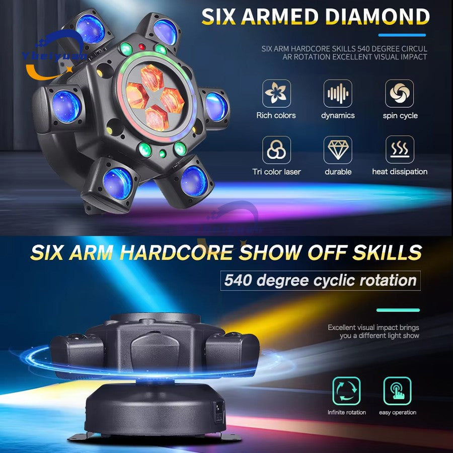 150W RGBW 4-in-1 6 Arm Moving Head Dye Bee Eye Effect Light DMX512 Remote Control DJ Disco Bar Birthday Party Christmas Stage