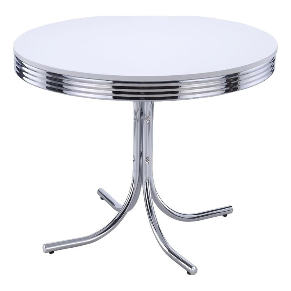 Retro Round Dining Table with Chrome Legs Glossy White Finish Indoor Seating 4 Mid-Century Style Easy Assembly