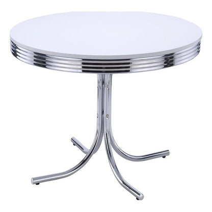 Retro Round Dining Table with Chrome Legs Glossy White Finish Indoor Seating 4 Mid-Century Style Easy Assembly