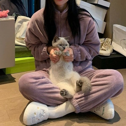 2025 Autumn Winter Homewear Pajamas Set for Women Long Shirt Trousers 2 Pieces Keep Warm Sleepwear Loungewear