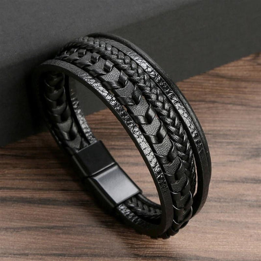 Jiayiqi Leather Bracelet Men Punk Hip Hop Metal Charm Tiger Eye Stone Beads Multi-Layer Bracelet For Men Fashion Jewelry Gift