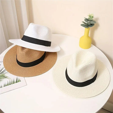 Classic Unisex Straw Hat Solid Color British Style Panama Hats BreathableSun Hats Outdoor Travel Beach Hat For Women Men