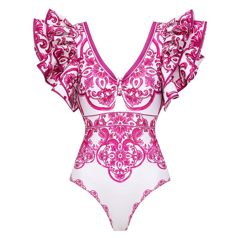 Flaxmaker Classic Women Sexy Bikini Sets Long Sleeves Majolica Series Pattern Print One Piece Swimsuit Skirt Biquini Beachwear