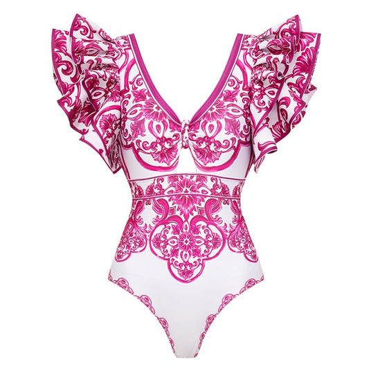 Flaxmaker Classic Women Sexy Bikini Sets Long Sleeves Majolica Series Pattern Print One Piece Swimsuit Skirt Biquini Beachwear