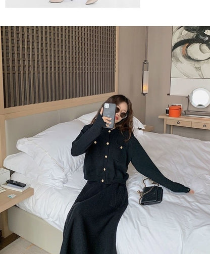 Autumn Winter Women's Mid-Length Knitted Pleated Skirt High Waist A-Line Long Skirt Loose Fuzzy Wool Skirt Double ket