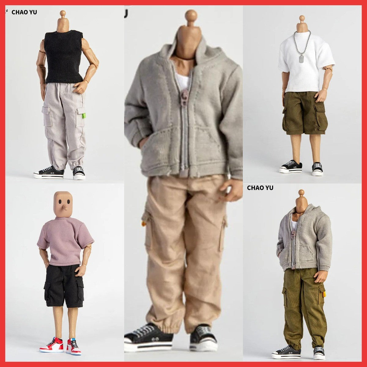 1/12 Scale Male Casual Zippered Hoodie Vest Pants Clothes Set Loose Short Sleeves T-Shirt Shorts Fit 6" Action Figures Body Doll