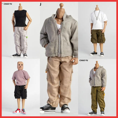 1/12 Scale Male Casual Zippered Hoodie Vest Pants Clothes Set Loose Short Sleeves T-Shirt Shorts Fit 6" Action Figures Body Doll