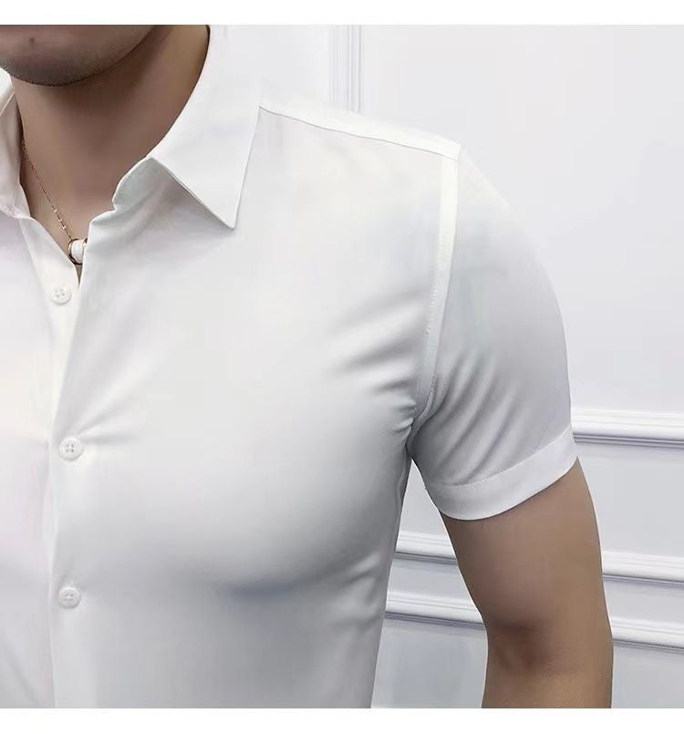 Korean Fashion Trend Casual Elastic Design Sense Short Sleeve Shirt Men's Solid Lapel Collar Button Breathable Simple Slim Tops