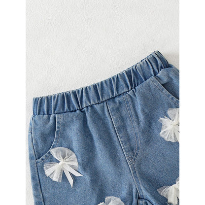Clothes Set for 0-3Years Baby Girl Cute Cartoon Pattern Bow Short Sleeve Top + Denim Shorts Summer Costume for Toddler Girl