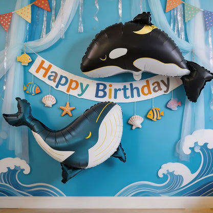 2 Blue/Black Whale Foil Balloons, Birthday Party Atmosphere Decoration, Ocean-Themed Event Gift Props, Indoor and Outdoor Room D