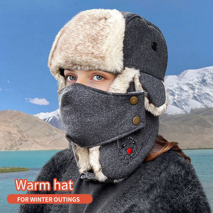 Women Winter Trooper Trapper Hat  Plush Warm Winter Hats with Removable Face Mask Earflaps Hunting Outdoor Hat Protective Warm