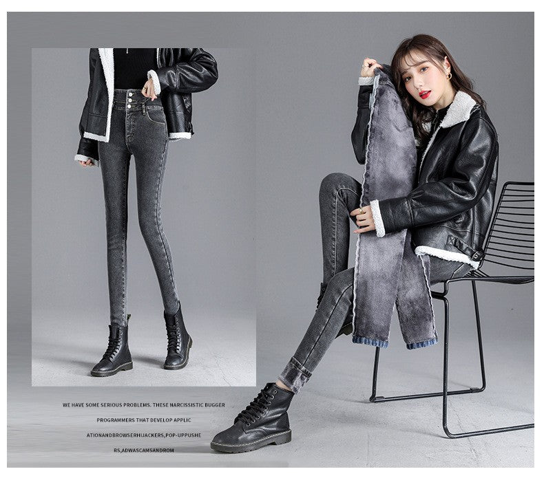 Autumn Winter Skinny Jeans Fashion Women Thermal Fleece High Waist Stretch Warm Pencil Pants Casual Velvet Button Denim Pant