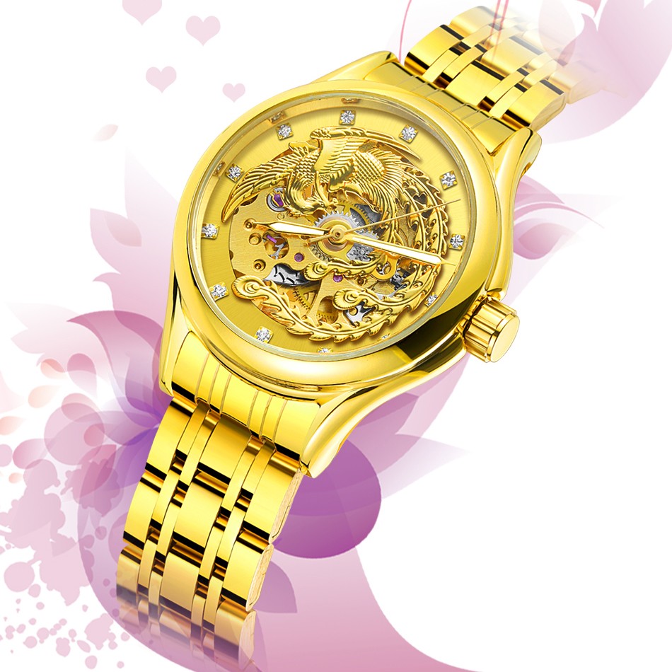 2024 Diamond Steel Skeleton Dial Golden Phoenix Women Fashion Automatic Watch Luxury Waterproof Mechanical Girl Wrist Lady Clock